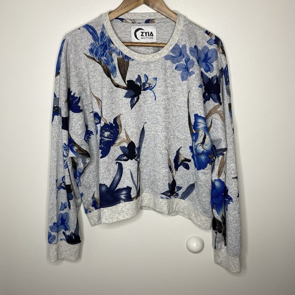 Zyia Active Tops - Zyia Active Sweatshirt Womens XXXL 3X Gray Blue Floral Cropped Dropped Shoulder